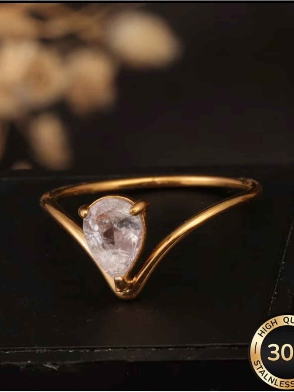 Gold Teardrop Solitaire Ring with Clear Stone - Women's Jewelry